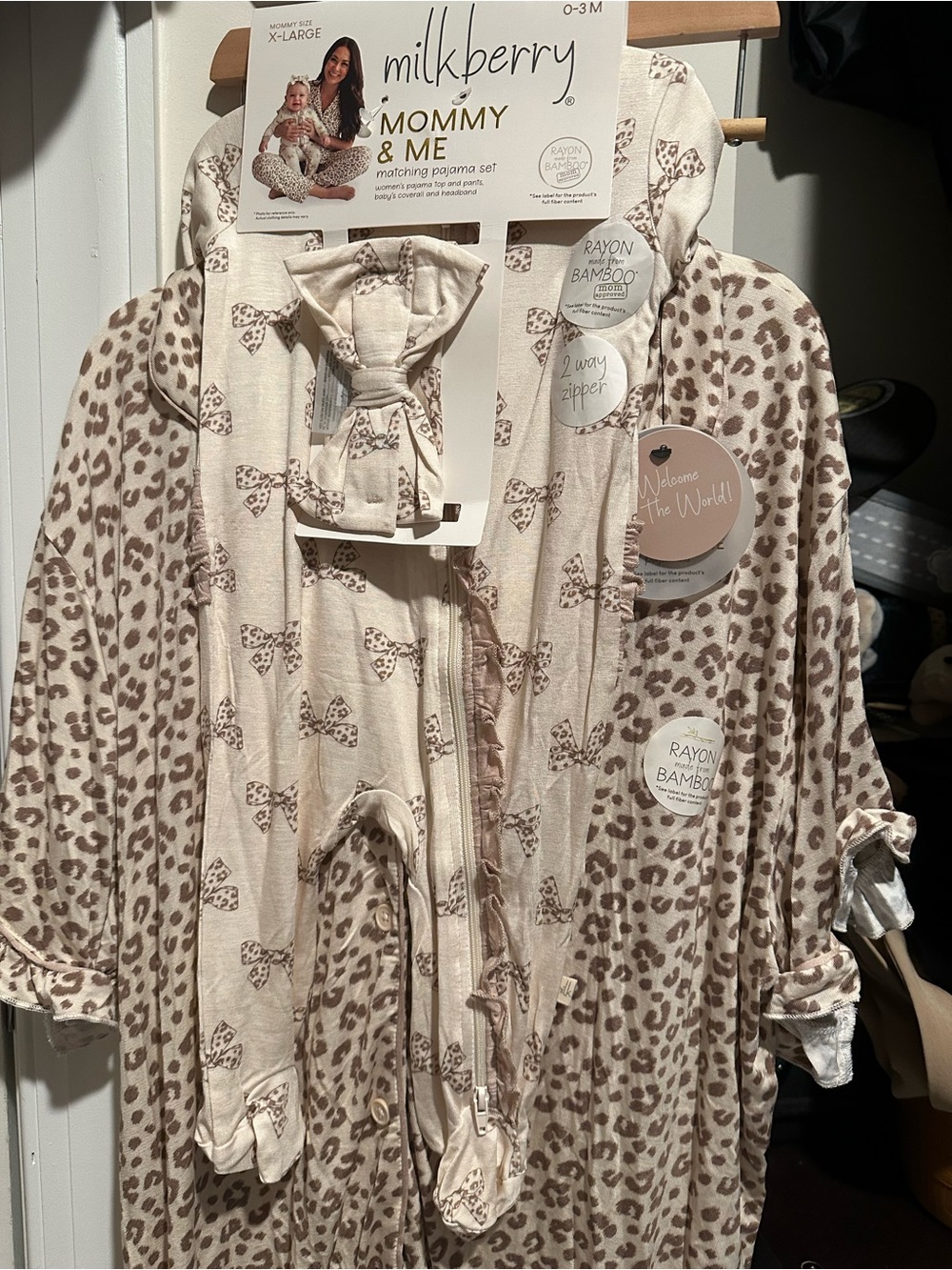 Milkberry Mommy & Me Cream and Brown Leopard Bow Pajama Set